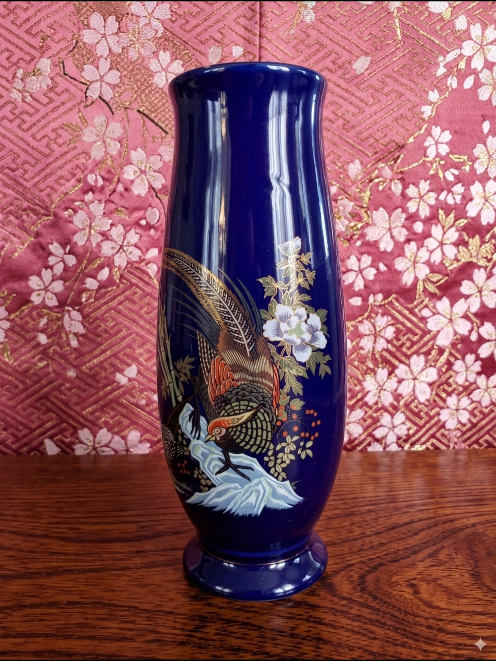 Vintage Japanese Cobalt Blue Bud Vase – Gold Pheasants & Peonies